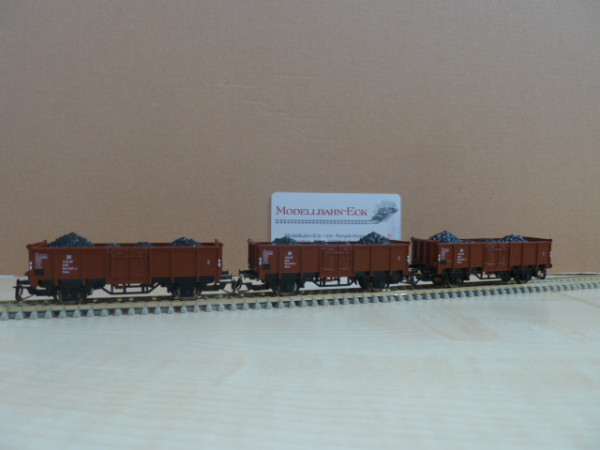 Tillig 01462-2 TT - Offenes Güterwagen-Set, 3-teilig m. Kohleladung (Bauart - Ommu) Ep. IV, eingeste