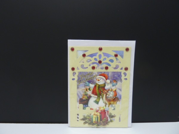 Handgearbeitete 3-D Weihnachtskarte mit Motiv &quot;Schneemann mit Rehkitz&quot;