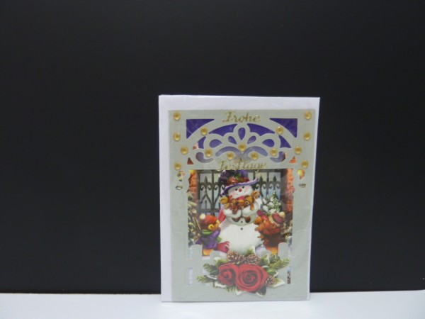 Handgearbeitete 3-D Weihnachtskarte mit Motiv &quot;Schneemann mit Bärenkinder&quot;