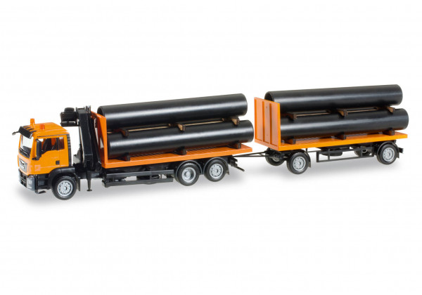 Herpa 305631 H0 - LKW-Modell: MAN TGS M Flachbett-Hängerzug mit Ladekran und Ladegut