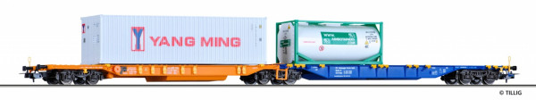 Tillig 76670 H0 - Gelenkwagen für den Container-Transport mit Taschenwagenteil, mit Ladung (Bauart -